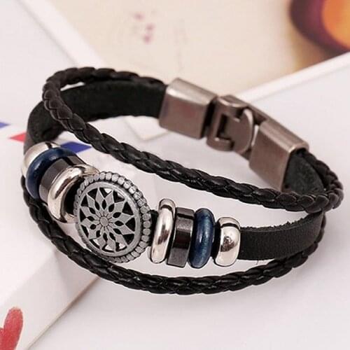Punk Handmade Vintage Flower Stainless Steel Bend Multilayer Leather Bracelet Man Woman Charm Flower Jewelry Bangle Bijouterie