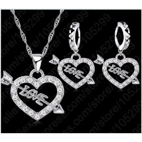 Fashion LOve Heart Row Shape Jewelry Set For Women Fine Wedding Jewelry Set Top Quality Pendant Necklace Hoop Earrings Hot