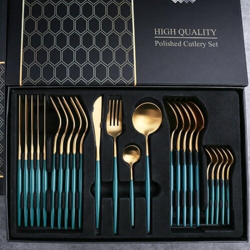 24pcs Gold Tableware Set Fork Spoon Knife Cutlery Set Stainless Steel Cake Stand Dinnerware Dinner Kitchen Holiday Gift Box