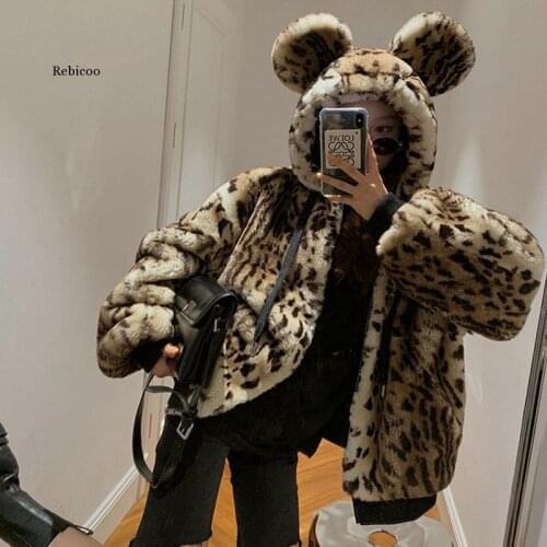 New Leopard Winter Fur Coat Women Loose Ears Hoodies Thickening Keep Warm Plush Women Jacket Fur Coat with Hood Furry Coat