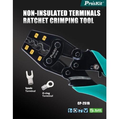 Proskit CP-251B Y.O bare terminal ratchet crimping pliers, non-insulated terminals conform to AWG DIN/GB JIS standard tools