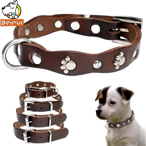 Genuine Leather Dog Collar Soft Adjustable Studded Pet Collars For Small Medium Dogs Cats Pitbull Brown Color XXS XS S M