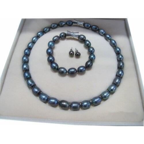 Great Gift! 10-11mm Black Fresh Water Pearls Necklace&Bracelet&Earrings