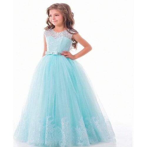 Sky Blue Flower Girl Dresses Fluffy Lace For Tulle Sleeveless Applique Dress Girl First Holy Communion Pageant Dresses