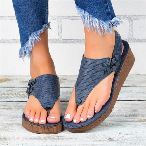 Women Summer Sandals PU Shallow Platform Casual Buckle Solid Color Med Heel Wedeges Shoes Women Andals Flat