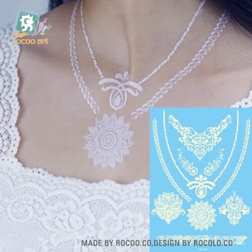 Rocooart White Lace Style Tattoo Henna Taty Women Body Art Fake Tattoo Waterproof Temporary Tattoo Sticker Face Jewels Tatouage