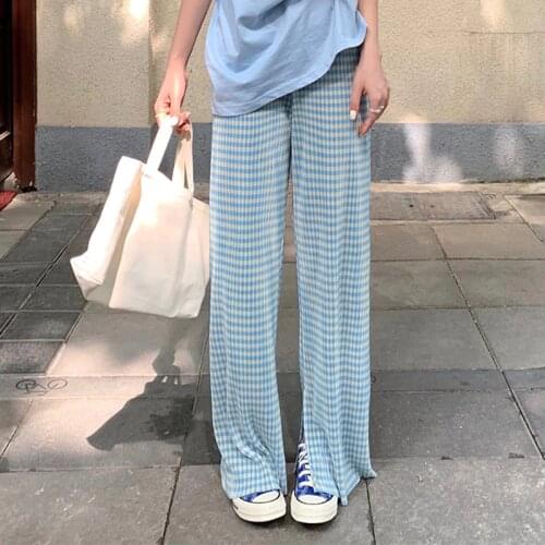 Vintage Blue Plaid Slit High Waist Draping Thin Loose Women 2021 Chic Fashion All-Match Straight Pleated Casual Mopping Pants