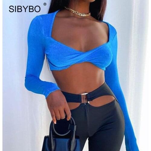 Sibybo V Neck Long Sleeve Tees Women Tshirt Black Cross Skinny Sexy Crop Top Femme Casual Outfits Summer Slim Basic Short Shirts