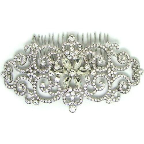 Women designer 130x70mm crystals alloy floral charm rhodium color large hair comb ornament wedding headwear jewelry accessories