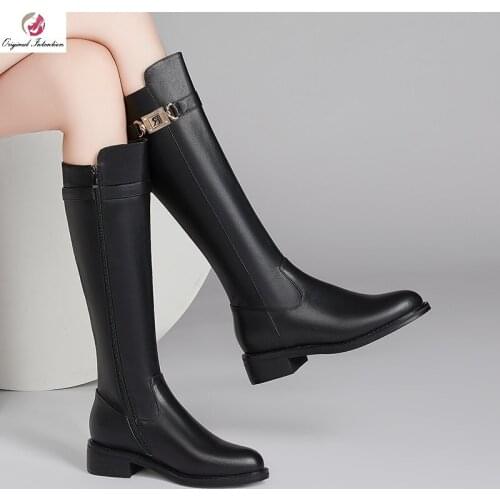 Womens Boots Fashion Genuine Leather Side Zip Knee High Boots Winter Pointed Toe Metal Buckle Martin Boots Casual Zapatos Mujer