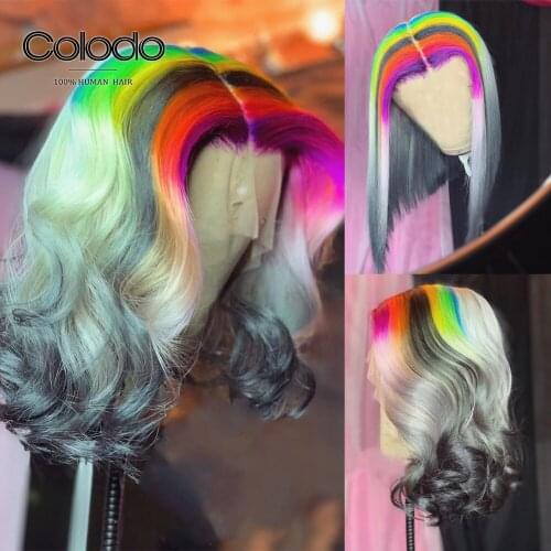COLODO Rainbow Color Short Human Hair Wigs Purple Red Green Highlight Wig Brazilian Remy Transparent Lace Bob Wig For Women