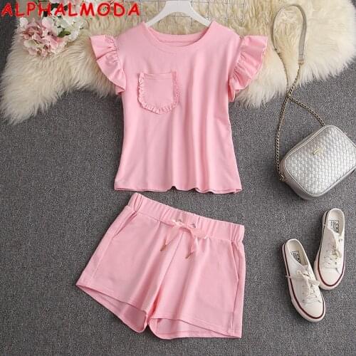 ALPHALMODA 2020 Summer Ruffled Sleeve Pleated Pocket Women Cute 2pcs Tshirt Shorts Suit Solid Color Sweet Girls Lounge Wear Set