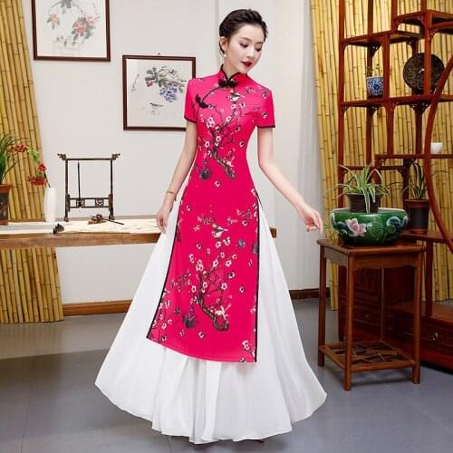 Womens AO Dai Long Cheongsam Hot Pink Evening Tunic Dress Chinese Style Party Qipao Oriental Elegant Gowns Vestido S-5XL