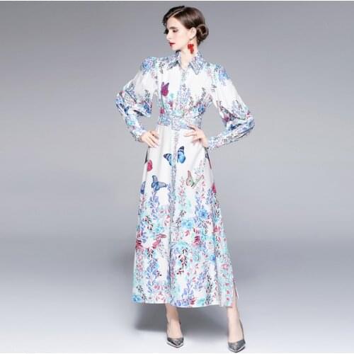 2021 autumn winter Fashion Runway Women elegant turn down collar single-breasted printed dress with belt