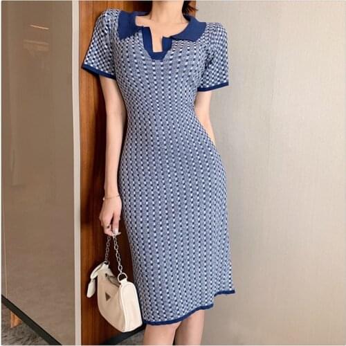 2021 Summer Korean Women Bodycon Robe Knitted Dress Elegant Ladies Slim Plaid Sweater Party Dresses Vestidos