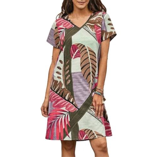 50%HOTMini Dress Leaf Print V Neck Women Hawaiian Short Sleeve Dress for Beach