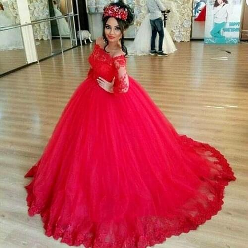 Vestidos De Novia De Casamento 2020 Red Wedding Dresses Long Sleeve Lace Ball Gown Wedding Dress Floor Length Muslim Gown