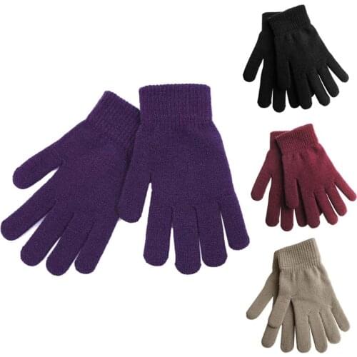 Women Men Winter Knit Thick Full Finger Gloves Solid Color Plush Lining Outdoor Windproof Thermal Mittens Hand Warmer
