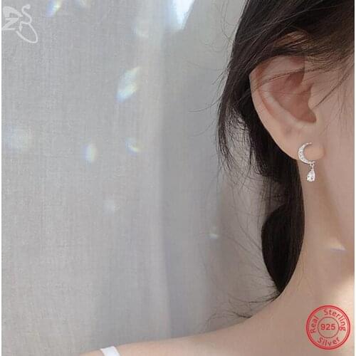 ZS Real 925 Silver Moon Shape Dangle Earrings With Shiny CZ Crystal Charm Drop Earring Female 3 Colors Elegant Earring Jewelry