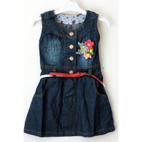 2017 Childrens wear dress Girls washed denim dress flower belt vest dress by hand