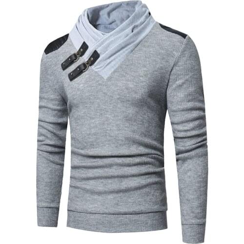 2018 trend new mens fashion solid color lapel leather buckle stitching long-sleeved slim knit pullover mens sweater M-3XL