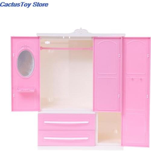 2020 New Three-door Pink Modern Wardrobe for Barbie Furniture Clothes Accessories with Dressing Mirror Girls Toy
