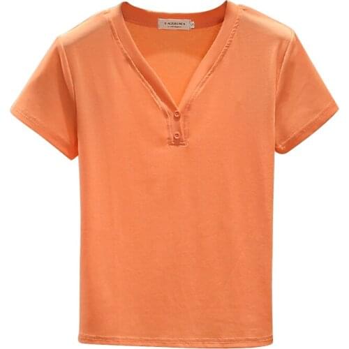 2021 Short Sleeve Orange T Shirt Women V-Neck Cotton Summer Tops Female Solid Color T-Shirts 160