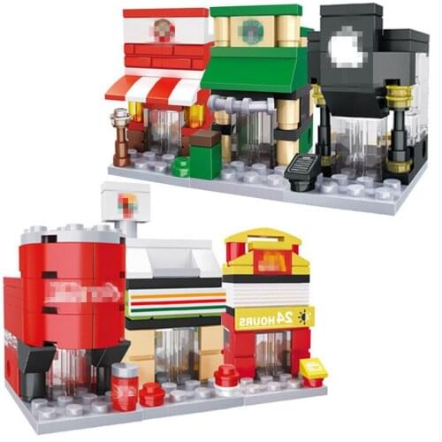 6pcs/lot Mini Blocks Hsanhe city Street Shop Series Hamburgers Tea Drinking Cellphone Shop Children Building Brick Q2000