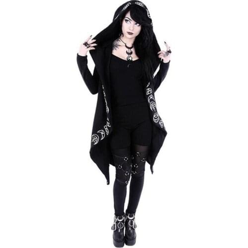 Anself Women Gothic Chic Hooded Sweatshirt Plus Size Cotton Loose Moon Plain Print Long Coat Punk Hoodie Irregular Hoodie Top
