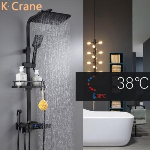 Digital Display Shower System Bathroom Hot and Cold Mixer Faucet Wall Mounted Thermostatic Rainfall Shower Set Modern Black Bath