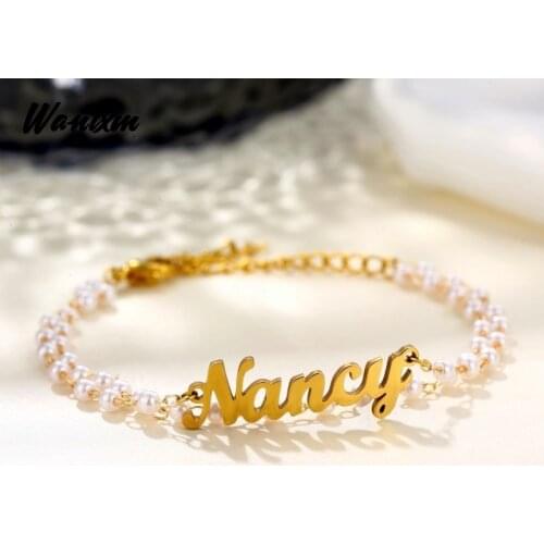 Customized Personalized Stainless Steel Name Imitation Pearl Bracelets for Couples Women Custom Double Layer Adjustable Bracelet