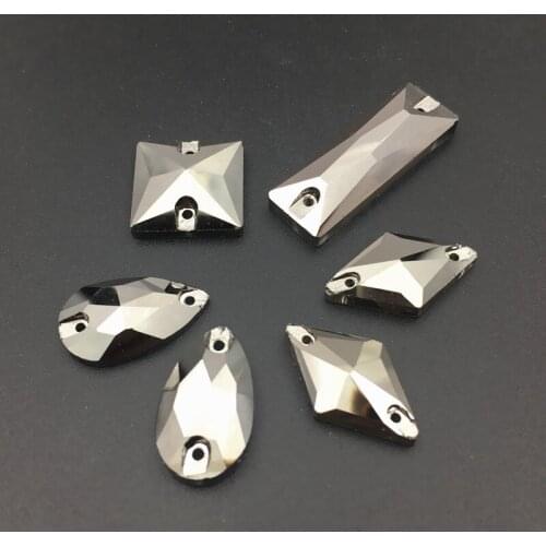 Jet Hematite Pear,Square,Baguette,rhombus Shape Sew On Stone Flatback 2 holes Glass Sewing Crystal Beads Rhinestone Dress Making