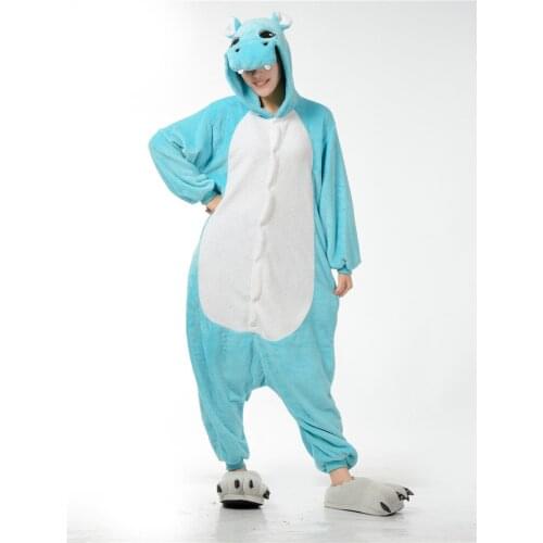 Kigurumi Men Women Hippo Long Sleeve Hooded Onesie Flannel Warm One-piece animal pajamas Blue Sleepwear Onesies For Adults