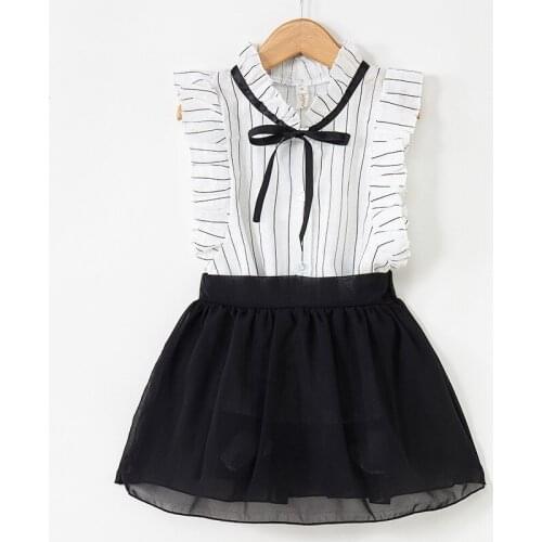 27Kids Girls Clothes Suit Pants Korean Striped Shirt Children Sweet and Cute Dress with Flying Sleeves Clothing Set 3-7Years