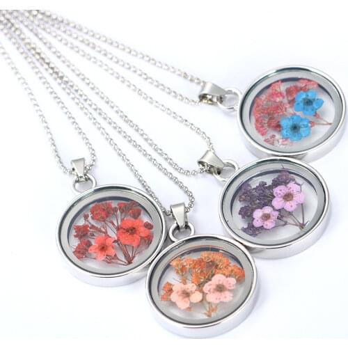 Round Glass Floating Lockets Dried Flower Pendant Necklaces Fashion Necklace Summer Fine Jewelry for Women/Girl Friend Gift