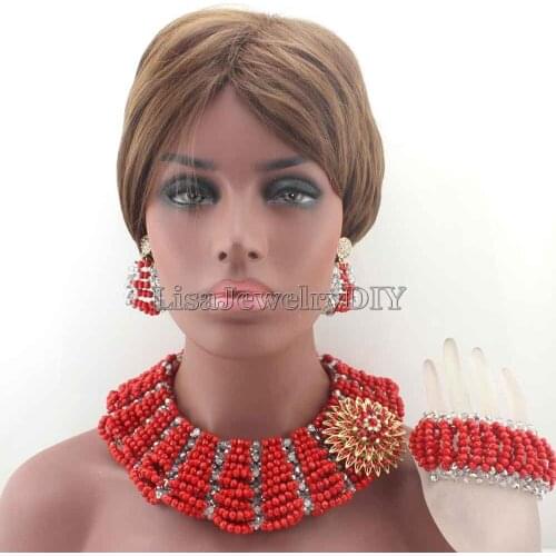 Chunky New Red Big Bold Handmade Jewelry Sets African Crystal Beads Necklace Set Nigerian Wedding Free Shipping HD8433