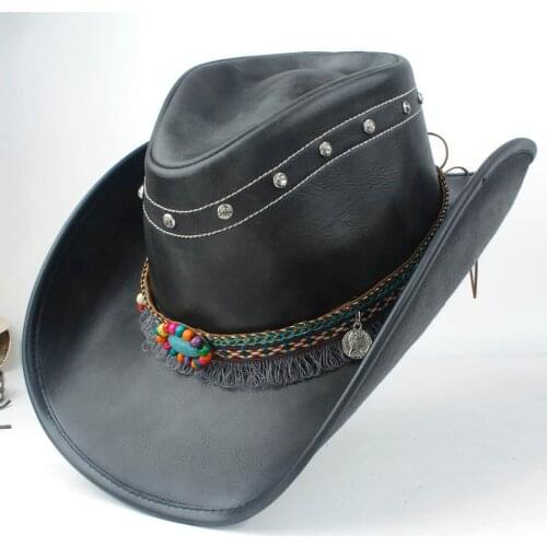 Men Women Western Cowboy Leather Hat With Tassel Ribbon Winter Wide Brim Hat Size 58-59CM Black