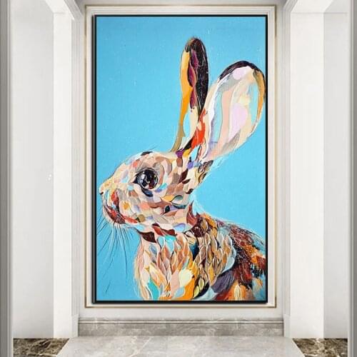 100% Hand Painted Rabbit Wall Art Wall Pictures Vertical Oil Paintings Nordic Modern Living Porch Abstract Decoration Large Size