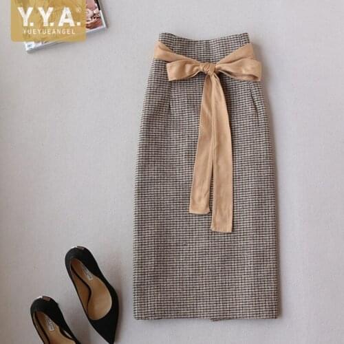 Autumn Winter Women High Waist Plaid Skirt Fashion Lace Up Office Ladies Elegant Wrap Skirts Vintage Knee Length Straight Skirts