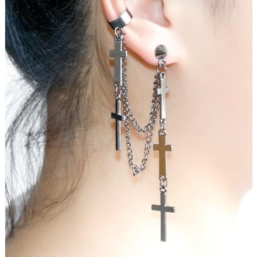 Punk Cross Pendant Earrings for Women Metal Christian Chain Drop Dangle Earrings Vintage Multi-Layer Tassel Earrings Jewelry