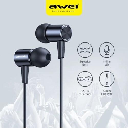 Awei Wired Earpuds 3.5mm Plug HiFi Stereo Surround Earbuds In-ear Wire-Controlled Microphone Call Music Wired Earphones L2