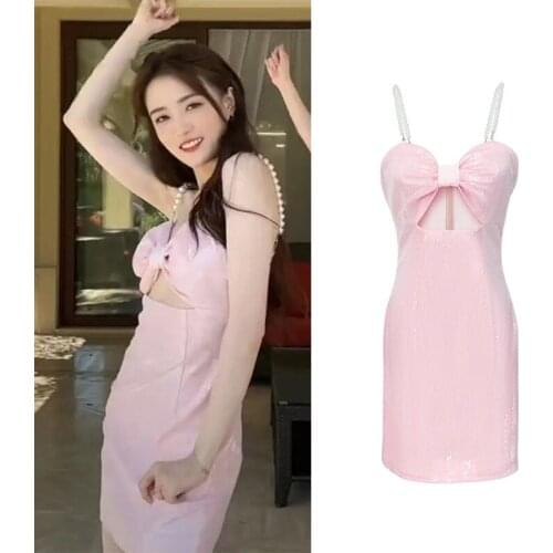 Sexy Nightclub Mini Skirt Fashion Slim Hollow Sequin Bow Suspender Skirt Beach Vacation Sweet Sexy Luxury Pink Evening Dress