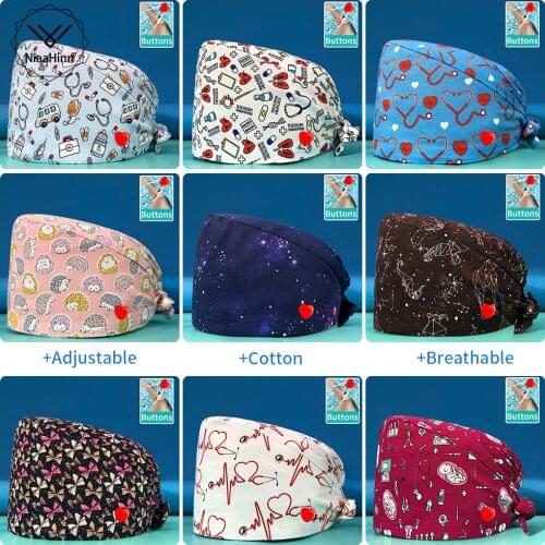 Scrubs Hats Cotton Cartoon Print Scrubs Caps Pet Grooming Agency Work Scrubs Hat Beautician Caps Health Workers Scrubs Caps