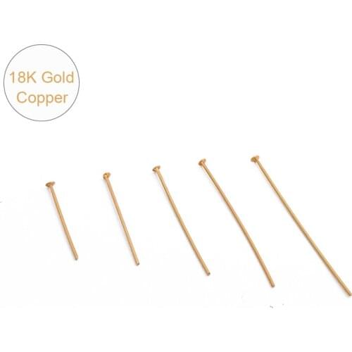 18K Gold Plated 10Pcs Copper Flat Head Pins 20 35 30 35 40mm Headpins For Jewelry Findings Making DIY Supplies