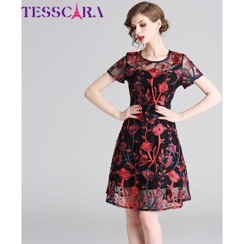 TESSCARA Women Luxury Embroidery Mesh Dress Festa High Quality Wedding Cocktail Party Robe Femme Floral Designer Short Vestidos