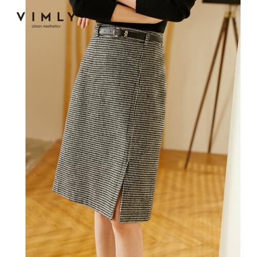 Vimly 2020 Autumn Skirt For Women Fashion Houndstooth Slit High Waist Mujer Faldas Knee-Length Elegant Ladies Skirts F3013