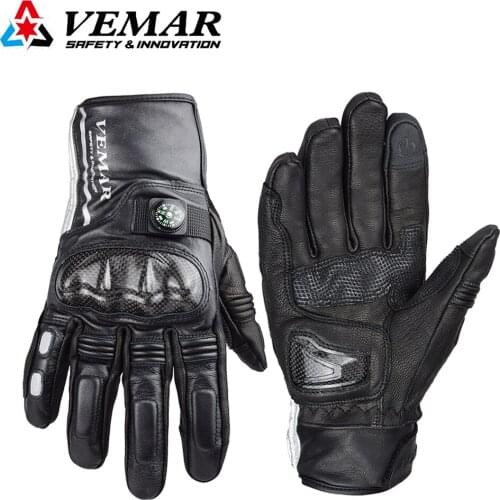 VEMAR Black Mens Leather Motorcycle Glove Compass Carbon Fiber Protective Accessories Glove Wear-resistant Motorbike Racer