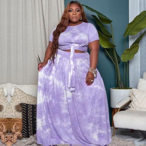 XL-5XL Plus Size Tie Dye Print Two Piece Skirt Set Women O Neck Short Sleeve Crop Top and Empire Pleated Maxi Skirt Tracksuit