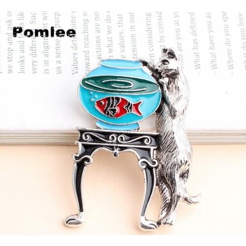 Pomlee New Cat Fish Tank Brooches for Women Cartoon Cute Animal Brooch Pins Fashion Party Jewelry Gift For Kids