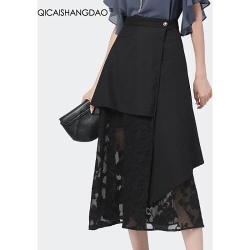 Irregular Stitching Lady Skirt Design See through Chiffon Jacquard High Waist Drape Slim Black Hierarchical summer A-line skirt